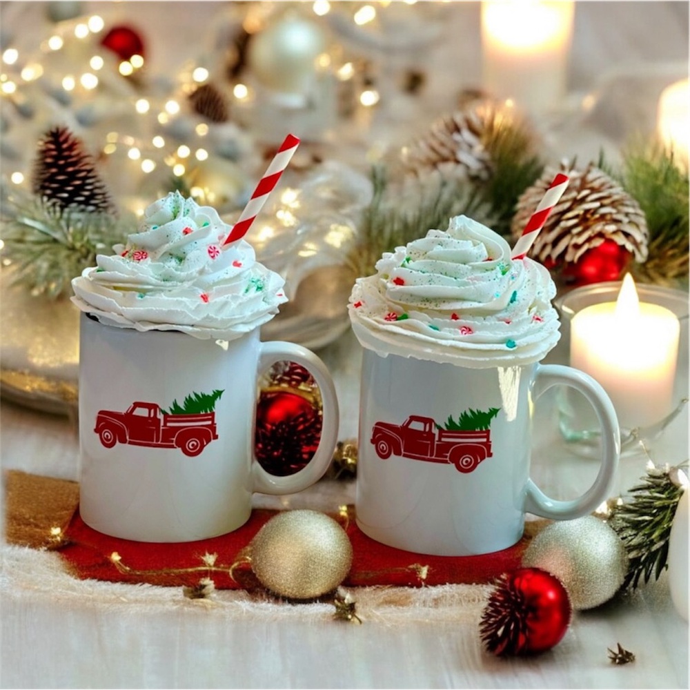 ⤵️ DesignPAC Red truck Mugs Set of 2 with faux whipped cream